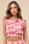 Jacquie The Label Giada Pink And Ivory Plaid Flutter Sleeve Crop Top