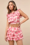 Jacquie The Label Giada Pink And Ivory Plaid Tiered High-rise Mini Skirt In Pink