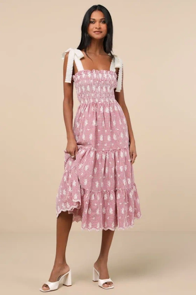 Jacquie The Label Isabella Red Gingham Embroidered Tiered Midi Dress