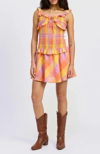 Jacquie The Label Juna Check Smocked Minidress In Pink