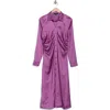 Jacquie The Label Madison Ruched Long Sleeve Satin Midi Shirtdress In Purple