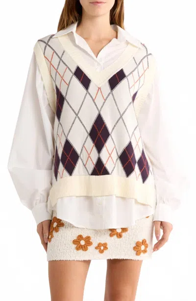 JACQUIE THE LABEL MIXED MEDIA VEST TOP IN OFF WHITE MULTI