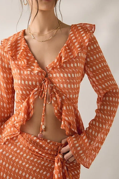 Jacquie The Label Ruffle Long Sleeve Flyaway Top In Orange, Women's At Urban Outfitters In Multi