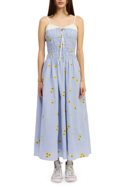 Jacquie The Label Sonnie Embroidered Detail Stripe Maxi Dress In Blue