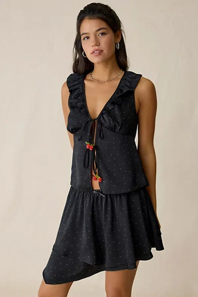 Jacquie The Label Teagan Ruffle Flyaway Satin Tank Top In Black, Women's At Urban Outfitters