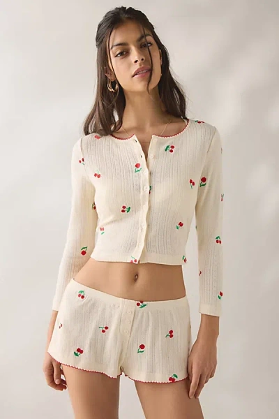 Jacquie The Label Yara Cherry Embroidered Pointelle Crop Cardigan In Light Yellow, Women's At Urban Outfitters