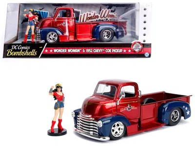 Jada 1952 Chevrolet Coe Pickup Truck Candy Red And Blue With Wonder Woman Diecast Figure "dc Comics Bombs
