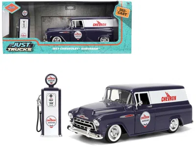 Jada 1957 Chevrolet Suburban "chevron" Dark Blue With White Stripes And Chevron Gas Pump "just Trucks" Se In Black