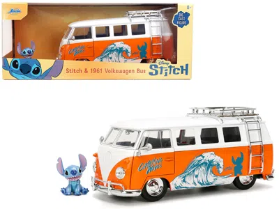 Jada 1961 Volkswagen Bus "catching Waves" White And Orange With Stich Diecast Figure "disney's Stitch" "h In Multi