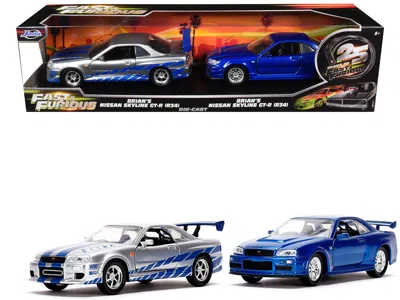 Jada Brian's Nissan Skyline Gt-r (bnr34) Silver With Blue Stripes And Nissan Gt-r (bnr34) Blue Metallic S
