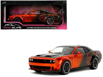 Jada Dodge Challenger Srt Hellcat Orange Metallic And Black "pink Slips" Series 1/18 Diecast Model Car In Multi