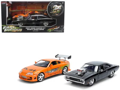 Jada Dom's 1970 Dodge Charger R/t Black And Brian's Toyota Supra Orange With Graphics Set Of 2 Cars "fast