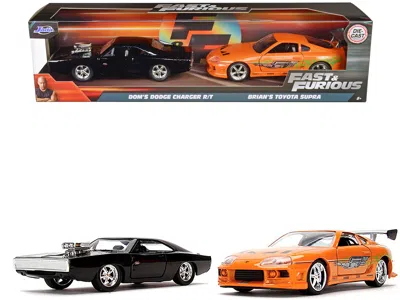 Jada Dom's Dodge Charger R/t Black And Brian's Toyota Supra Orange Set Of 2 Pieces "fast & Furious" Serie