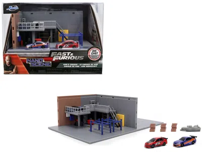 Jada Fast & Furious Han's Garage Diorama With 2 Cars And Accessories "nano Scene" Series 1/32 In Multi
