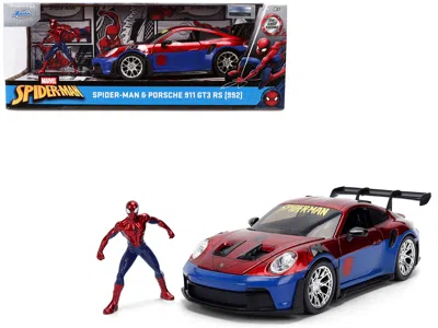 Jada Porsche 911 Gt3 Rs (992) Red And Blue With Graphics And Spider-man Diecast Figure "marvel Spider-man