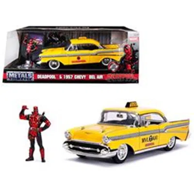 Jada Toys Jada 1957 Chevrolet Bel Air Taxi Yellow With Deadpool Diecast Figure Marvel Series 1-24 Diecast Mode