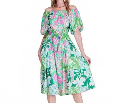 Jade Bardot Off-the-shoulder Midi Dress In Garden Gala Green In Multi