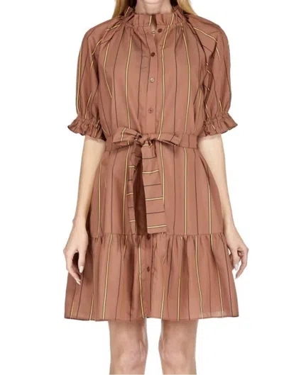 Jade Button Front Flounce Dress In Brown Stripe In Multi