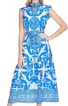 Jade Button Front Maxi Dress In Blue Wave Border In Blue