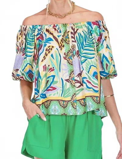 Jade Button Front Off Shoulder Top In Forest Broder In Multi
