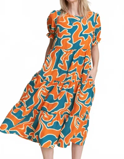 Jade By Jane Beautiful Chaos Tiered Short Sleeve A-line Midi Dress In Teal/orange In Blue