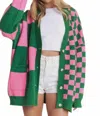 Jade By Jane Button Down Oversized Checkered Cardigan In Pink/green In Multi
