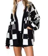 Jade By Jane Checkered Color Block Open Midi Sweater With Pockets In Black In Black