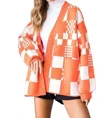 Jade By Jane Checkered Color Block Open Midi Sweater With Pockets In Orange In Orange