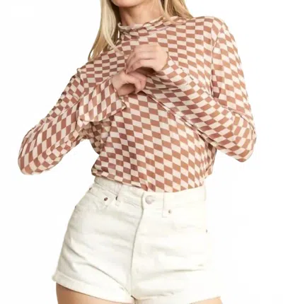 Jade By Jane Checkered Mesh Mock Neck Top In Beige In Multi