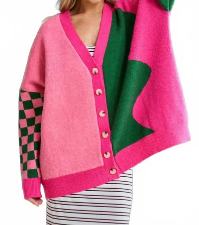 Jade By Jane Color Block Mix Pattern Cardigan In Pink/green Combo In Multi