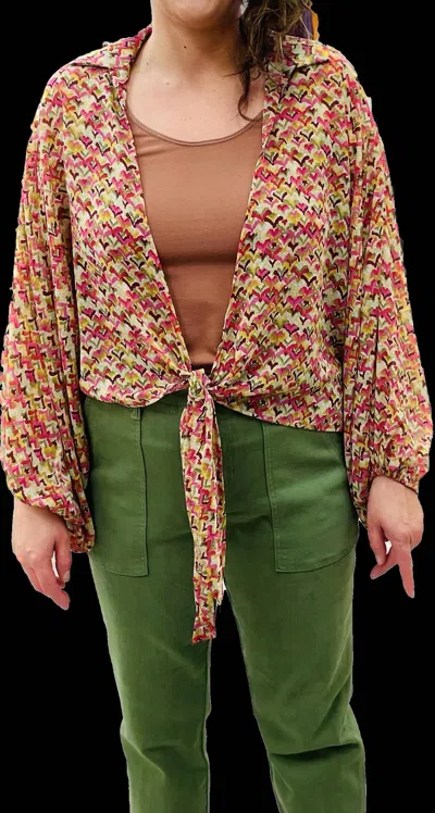 Jade By Jane Crop Balloon Sleeve Tie Kimono In Red Multi In Orange