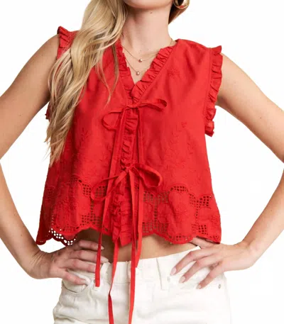 Jade By Jane Eyelet Embroidered Tie-front Top In Red