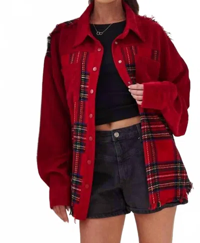 Jade By Jane Frayed Corduroy Plaid Collared Jacket In Red