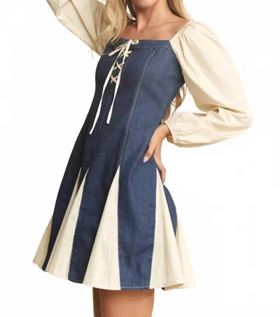 Jade By Jane Jane Long Sleeve 2-tone Lace Denim Flonce Dress In Blue In Multi