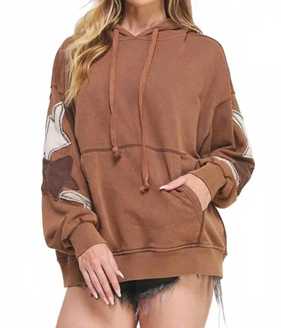 Jade By Jane Mineral Washed Long Sleeve Star Patch Hoodie - Plus In Brown