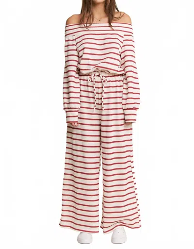 Jade By Jane Off-shoulder Terry Striped Relaxed Fit Jumpsuit In Off-white Red In Multi