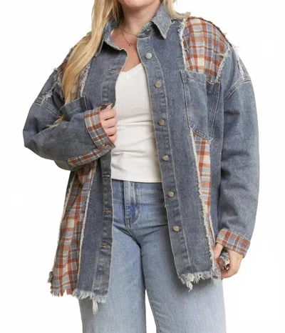 Jade By Jane Plaid Color Block Jacket With Unfinished Hem - Plus In Lt Denim In Blue
