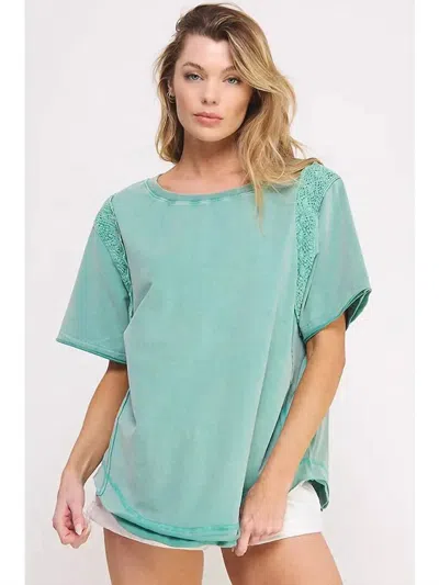 Jade By Jane Race Panel Short Sleeve Top In Green In Blue