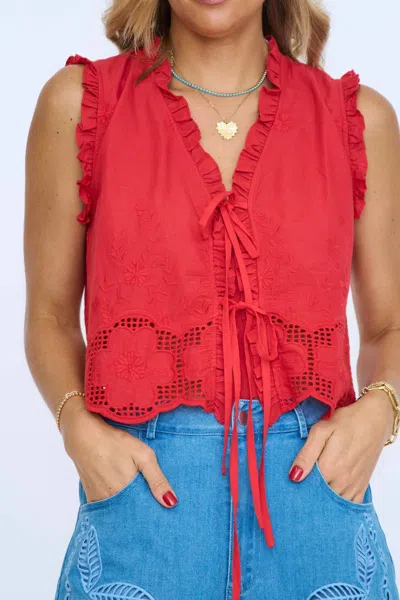 Jade By Jane Sleeveless Ruffle Front Tie Top In Red