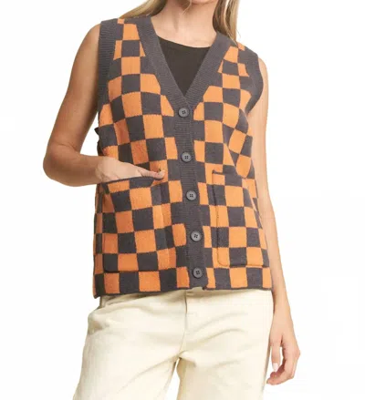 Jade By Jane Sleeveless V-neck Button Down Vest In Orange/ Grey In Burgundy