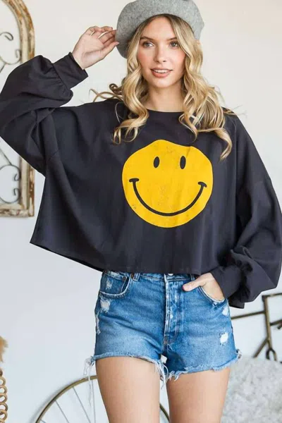 Jade By Jane Smiley Face Long Sleeve Crop Top In Black In Blue