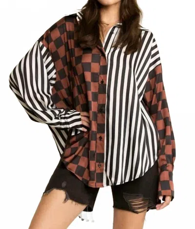 Jade By Jane Split Decision Checker-stripe Blouse - Plus In Black/mocha In Brown