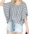 Jade By Jane Stripe Print Tie Hem Round Neck Cape Sleeve Top In Grey In Gray