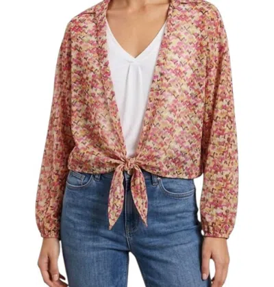 Jade By Jane Waist Adjustable Tie Puff Sleeve Blouse In Pink Multi
