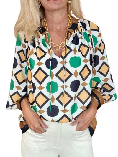 Jade Collar Peasant Top In Geo Border In Multi