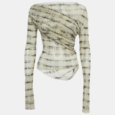 Pre-owned Jade Cropper Light Beige Printed Mesh Drape Detail Sheer Top S In Sand