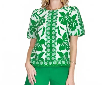 Jade Emerald Moment Puff Sleeve Top In Green And White In Multi