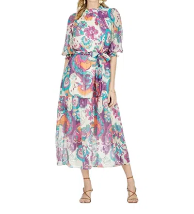 Jade Fantasy Floral Pleated Neck Dress In Multi