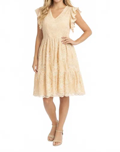 Jade Fit And Flare Flutter Sleeves Dress In Khaki Embroidered In Neutral