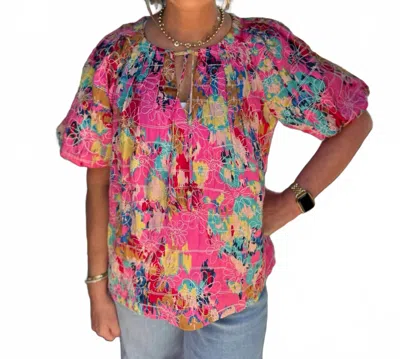 Jade Floral Breeze Pleated Puff Sleeve Top In Pink